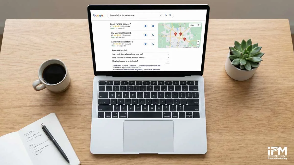 Google search results page for funeral directors near me showing the Map Pack at the top with three local funeral home listings, followed by People Also Ask and organic results below