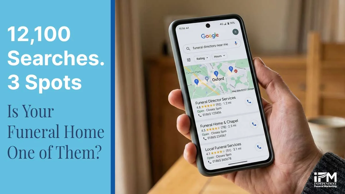 Google local search results showing the Map Pack for funeral directors near me, with three independent funeral home listings appearing above organic results on a mobile phone screen