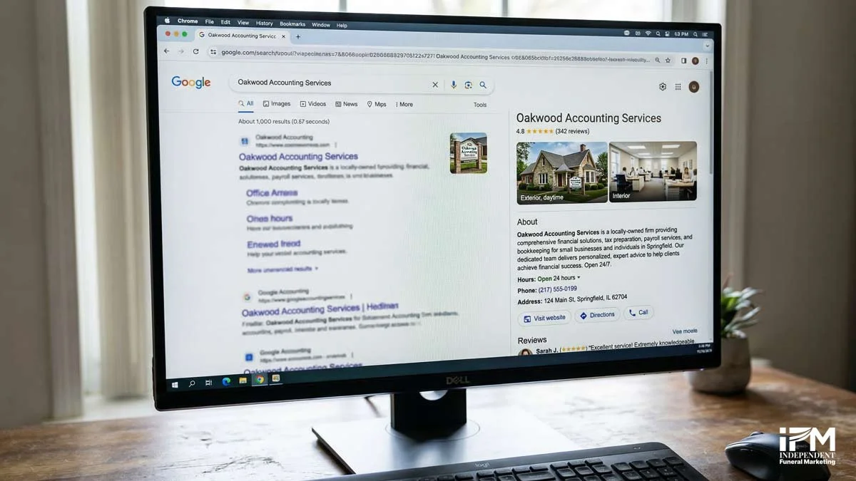 A fully completed Google Business Profile for an independent funeral director showing categories, description, reviews, photos, and recent Google Posts that contribute to Local Pack rankings