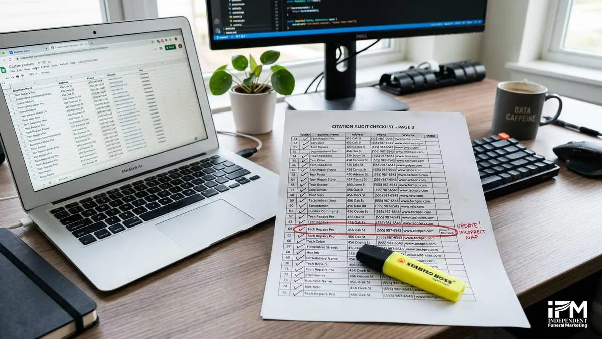 Step-by-step audit process for funeral home directory listings, showing how to find, review, and correct inconsistent NAP data across the web