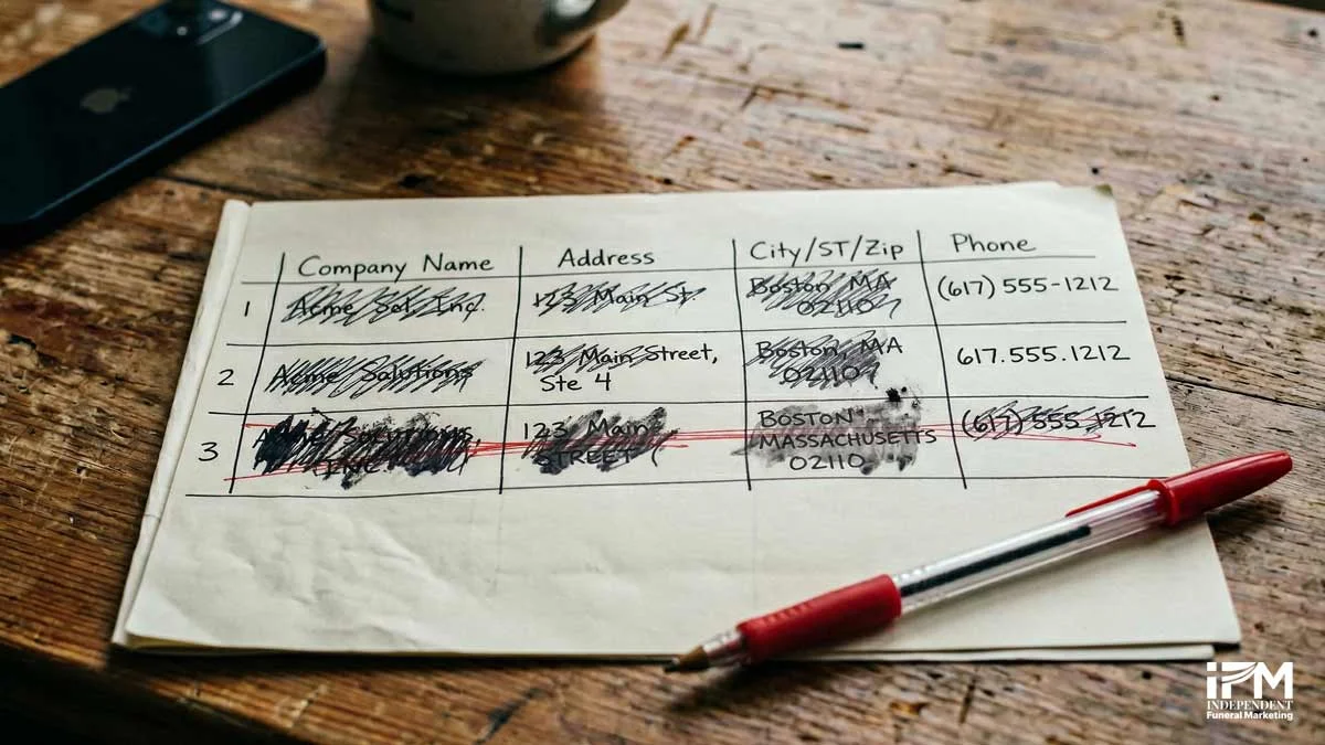 Diagram showing NAP inconsistency across funeral home directory listings, with mismatched business names, addresses, and phone numbers on Yell, Google Business Profile, and Thomson Local