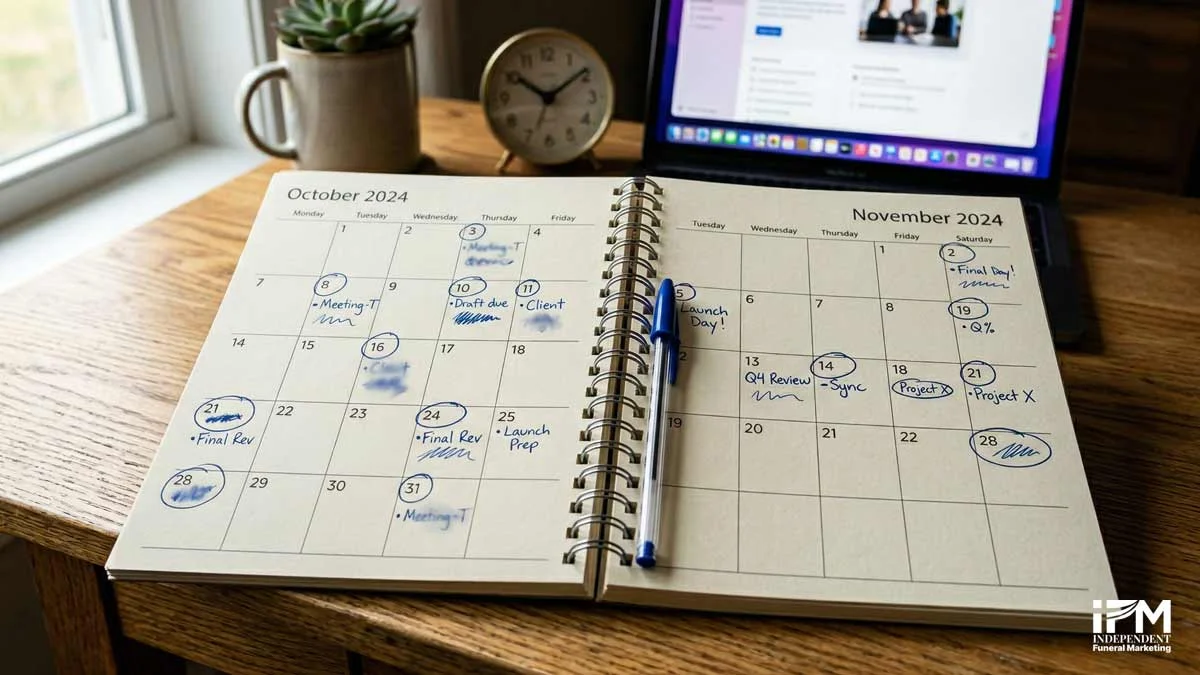 Timeline showing how long citation building takes to affect local search rankings for funeral directors, from submission through to measurable Map Pack improvements