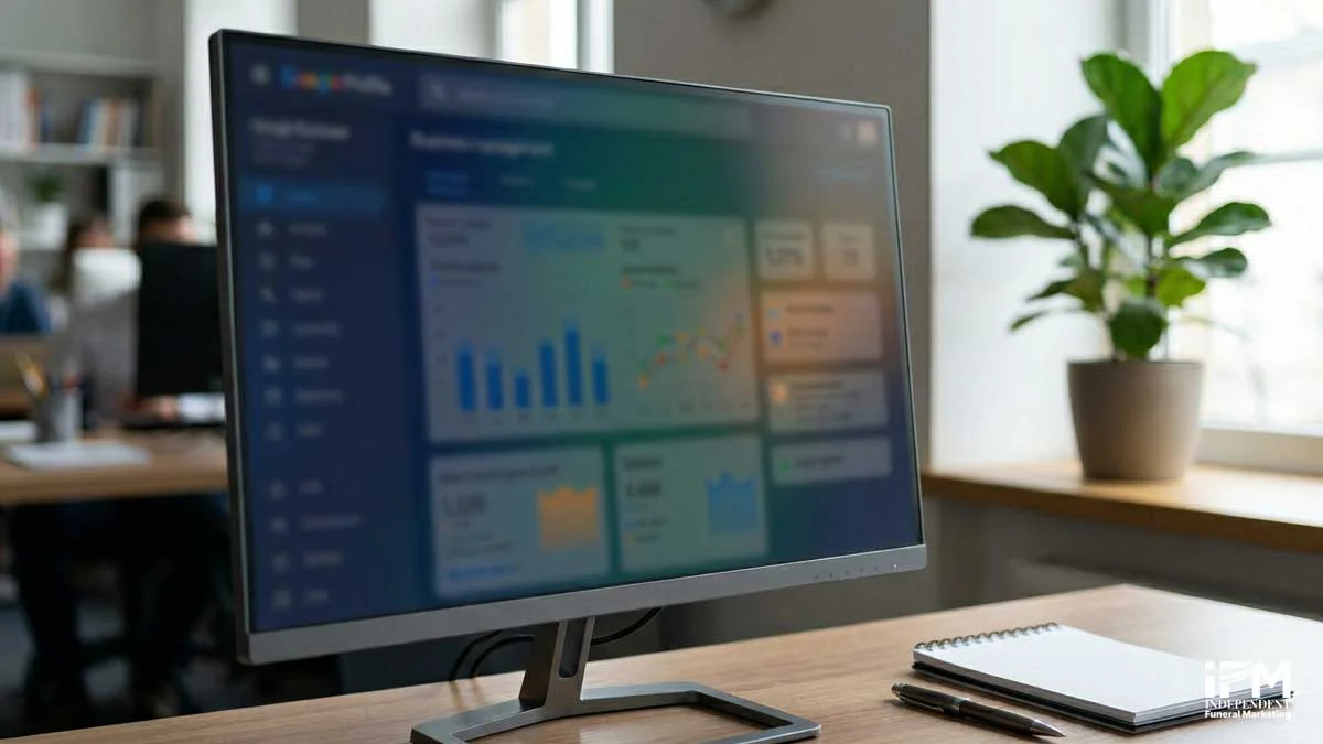 A funeral director replying to a Google review on a desktop computer in a professional funeral home office, showing the Google Business Profile reviews dashboard