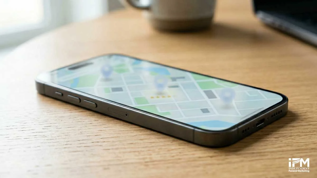 Google Map Pack search results showing a funeral home with a high star review rating and multiple reviews, illustrating how Google reviews directly affect local search visibility for funeral directors