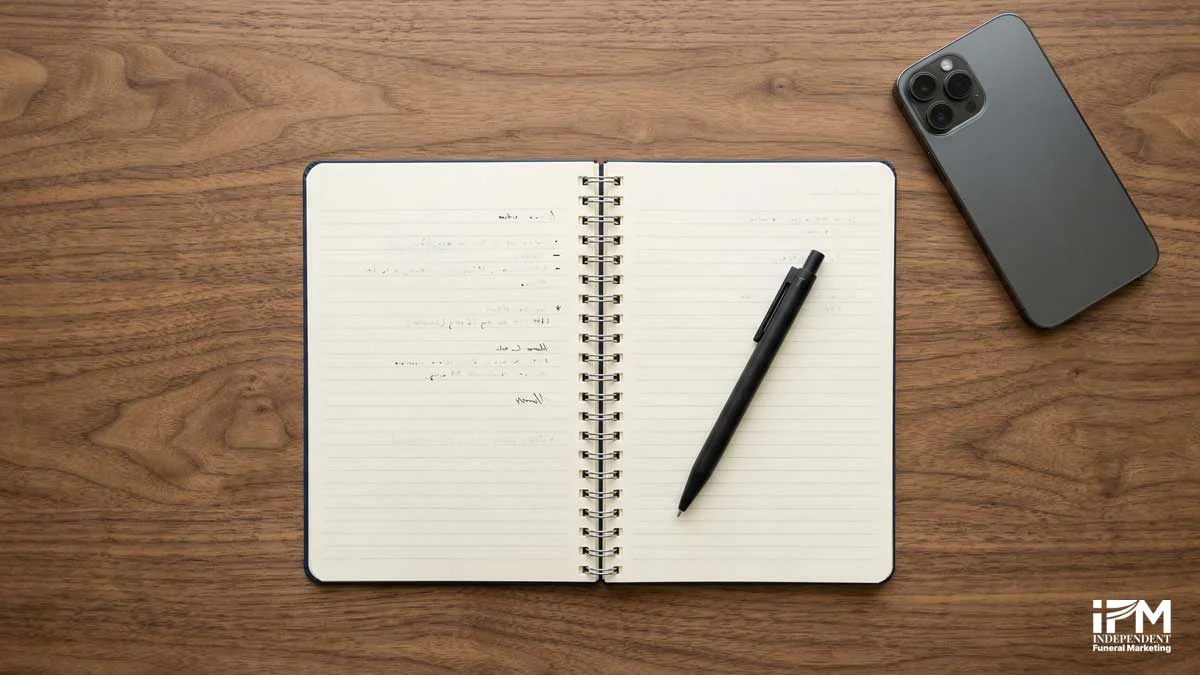 A structured professional review response strategy document for funeral home Google reviews, showing frameworks for handling positive and negative review scenarios with key principles highlighted