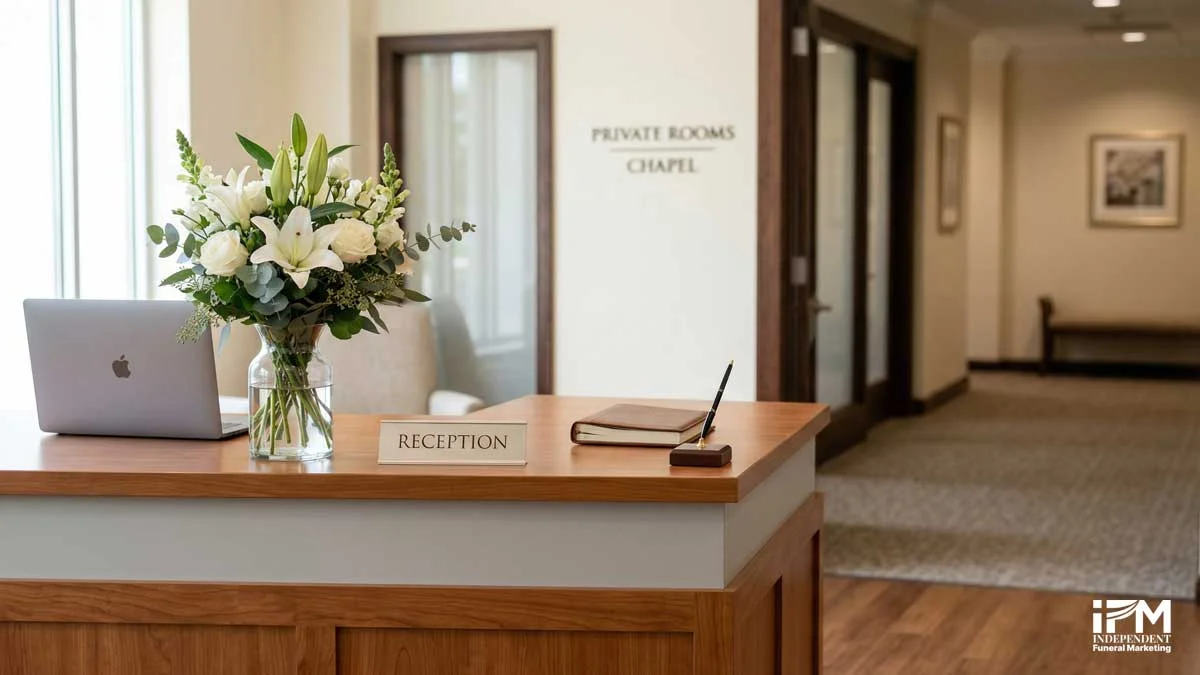 A funeral home professional composing a calm, measured response to a sensitive Google review, representing best practice in reputation management and GDPR-compliant public review handling