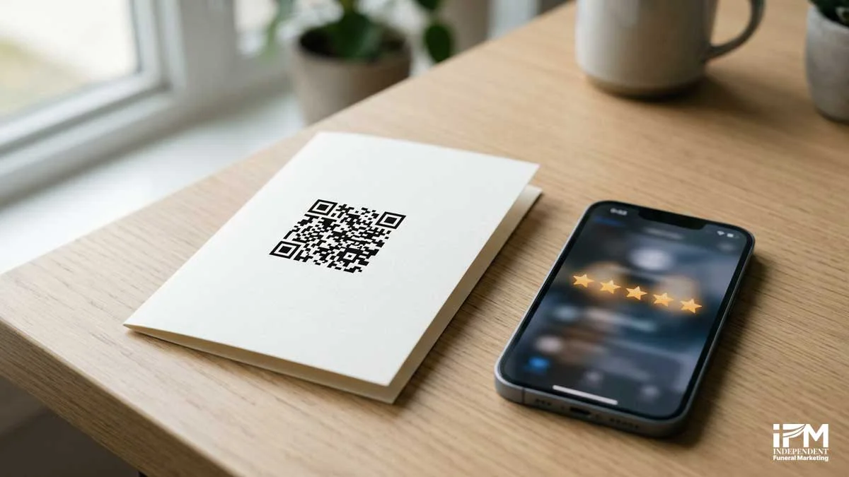 A funeral home's structured review generation follow-up system showing printed cards with QR codes and an email template used to invite families to leave Google reviews after a service