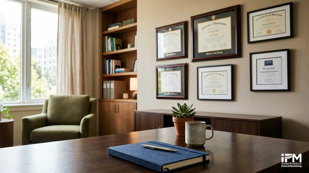 A professional funeral home office interior with framed professional certificates and membership plaques on the wall, a tidy desk with a notepad and pen, warm natural light