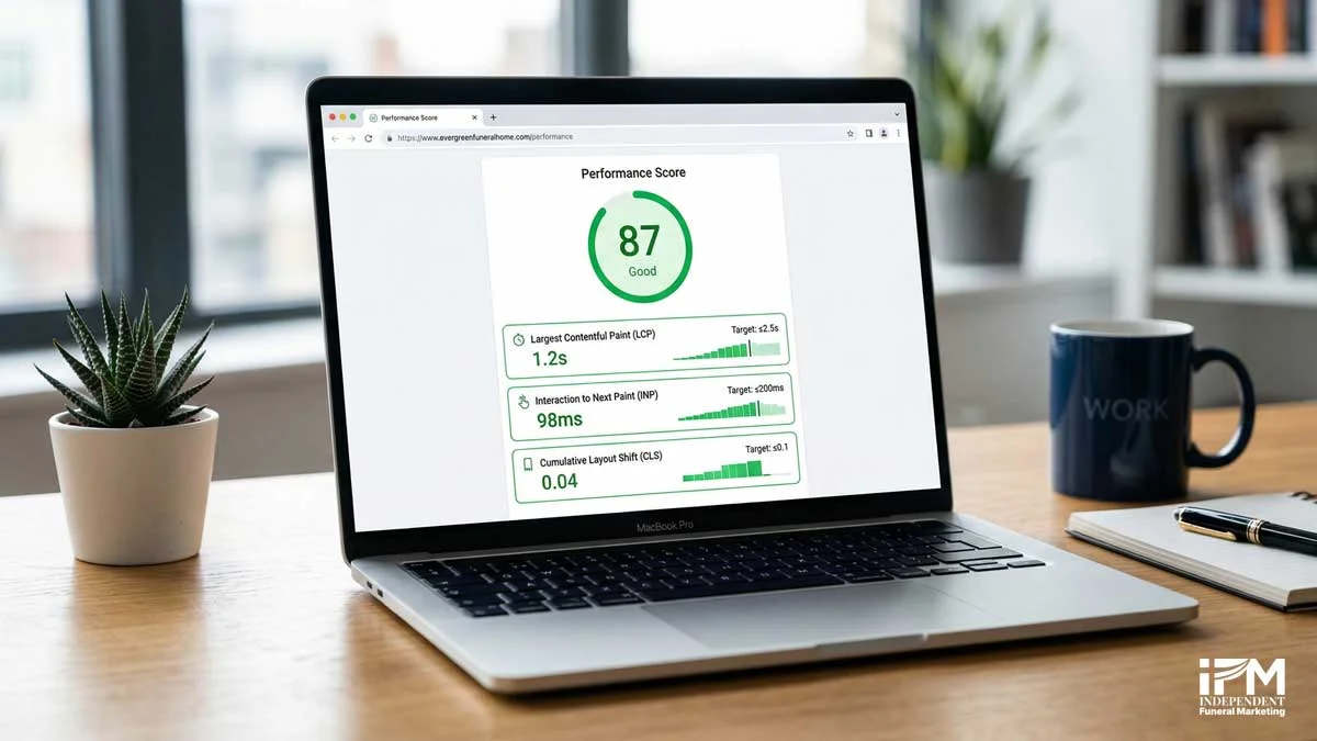 Google PageSpeed Insights results showing Core Web Vitals scores for a funeral home website on mobile, with LCP, INP, and CLS metrics visible