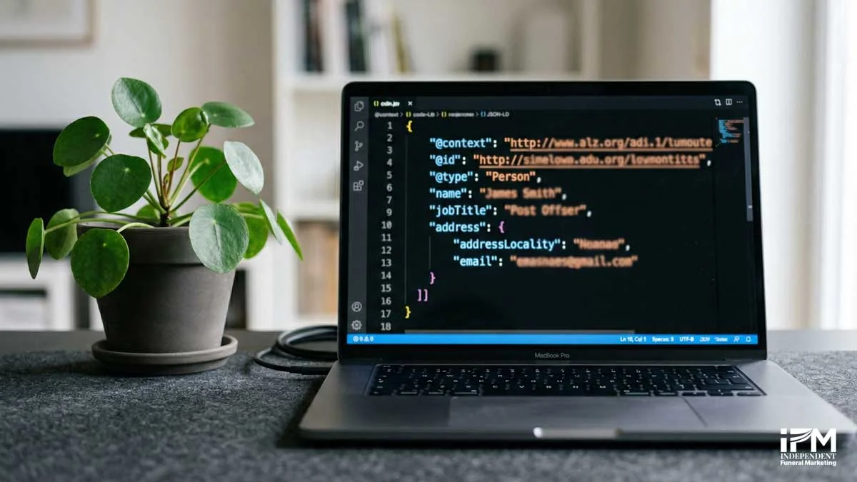 A laptop screen showing JSON-LD schema markup code in a dark code editor, representing structured data implementation for a funeral home website