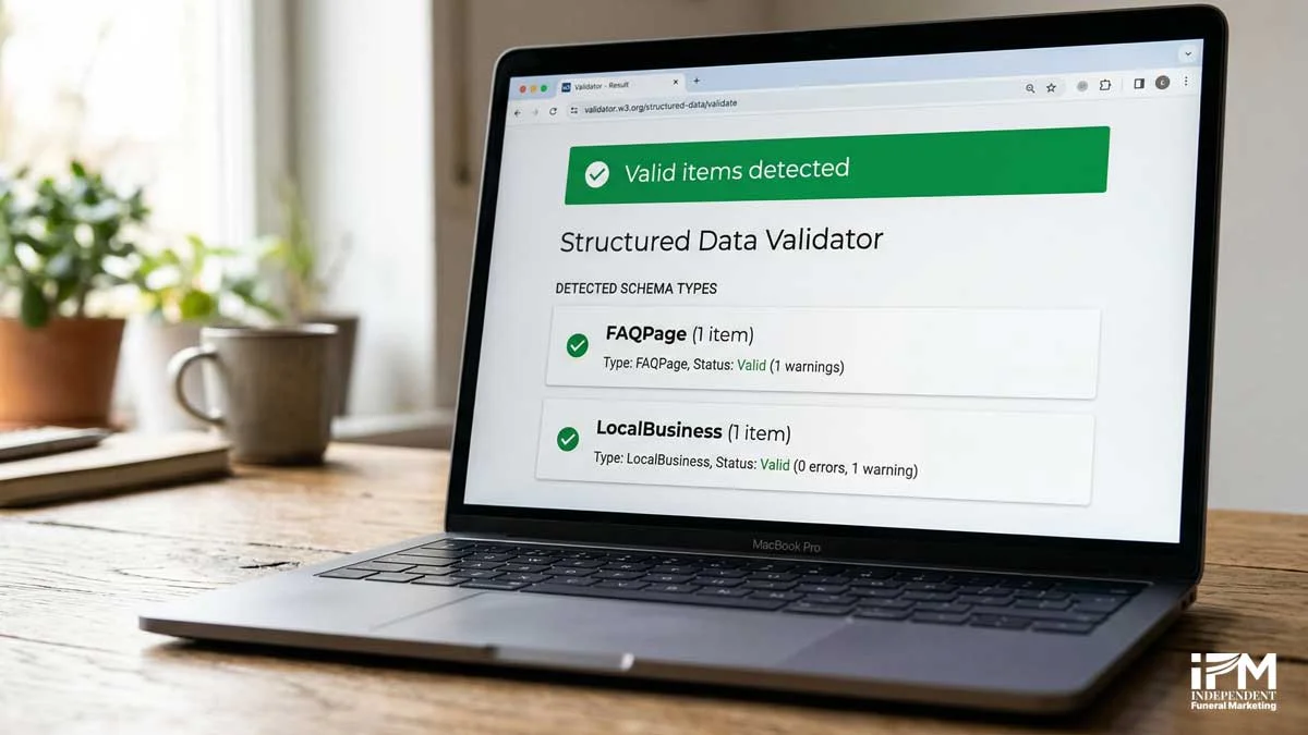 Google Rich Results Test tool showing a schema markup validation result for a funeral home website