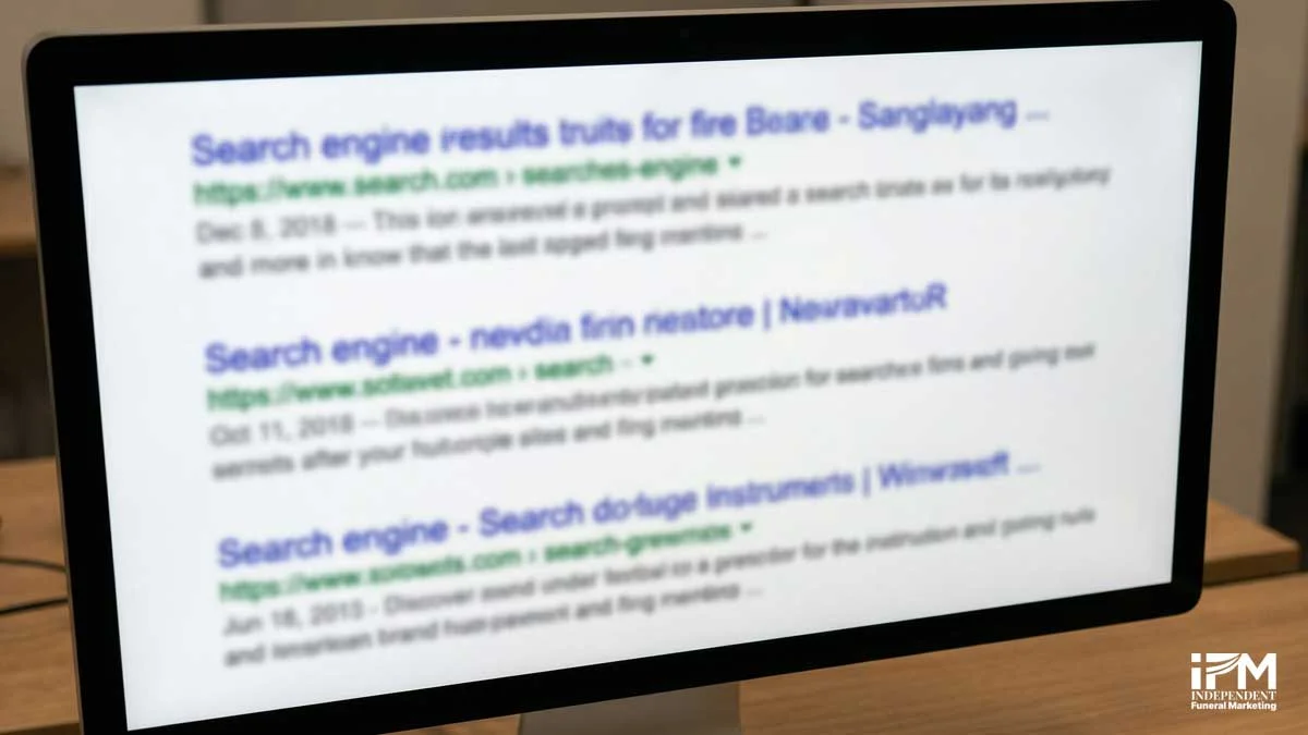 Google search results showing multiple funeral home listings with title tags and meta descriptions beneath each result