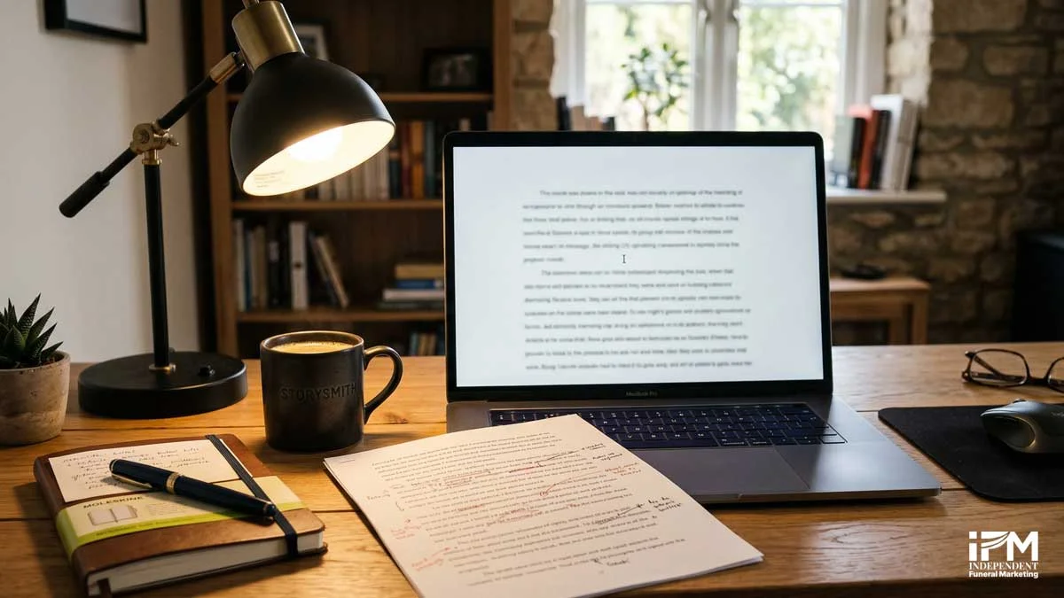 A professional writing environment with a laptop showing a text document, annotated printed pages, and a desk lamp, representing careful content creation for a funeral home website