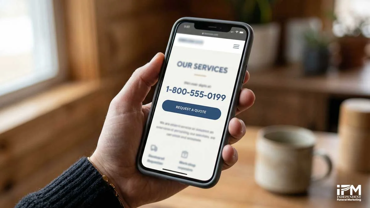 A hand holding a smartphone displaying a clean, fast-loading funeral home website with a clear heading and phone number visible, soft blurred waiting room background