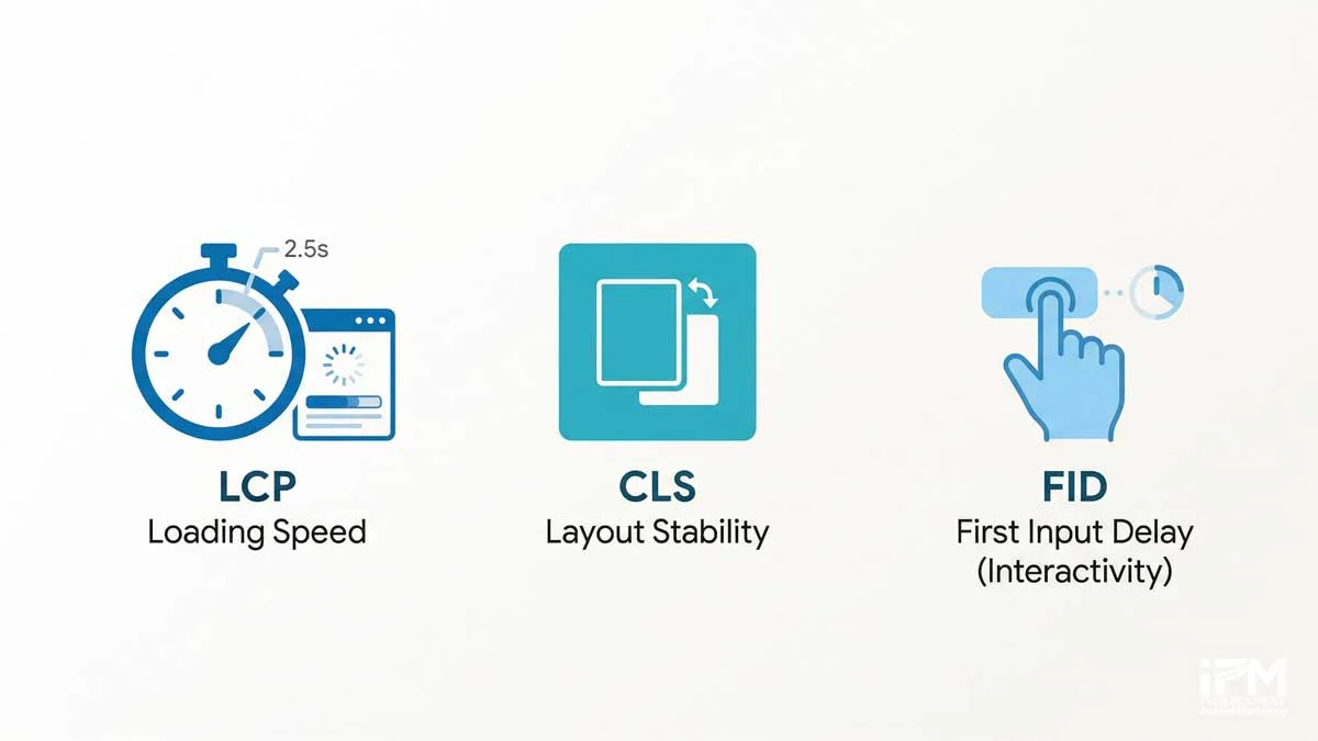 Core Web Vitals three-metric diagram showing LCP load speed, CLS layout stability, and INP interactivity thresholds for funeral home websites