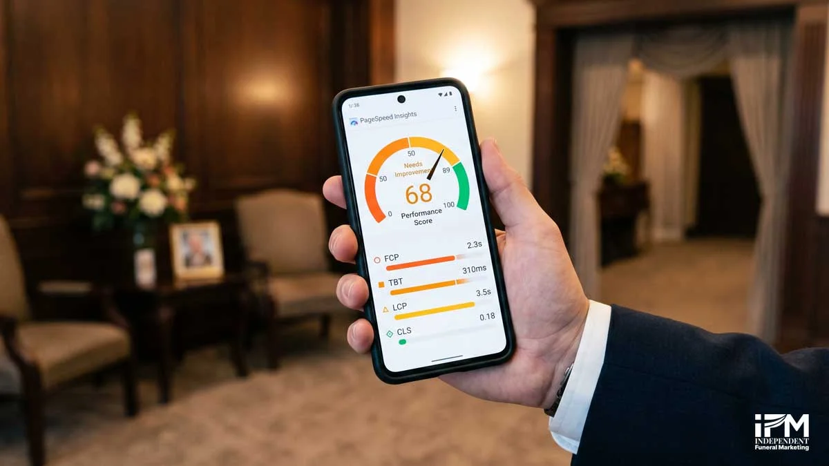 Google PageSpeed Insights mobile score display for a funeral home website showing performance metrics and loading time indicators