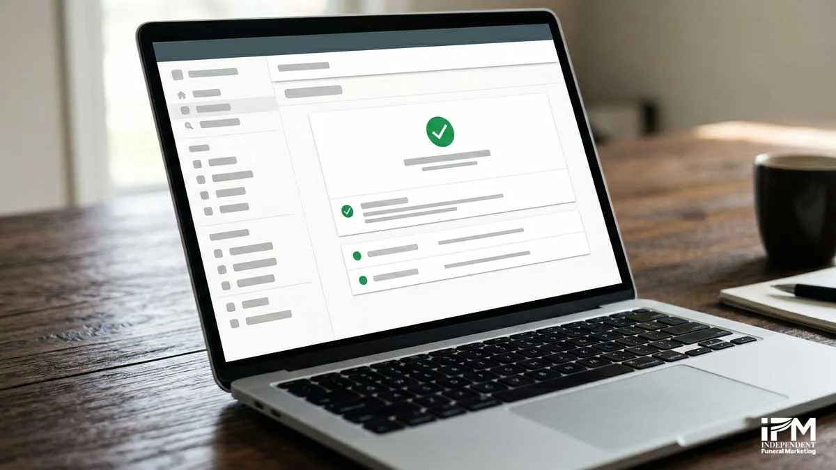 Google Search Console URL Inspection tool showing indexing status and coverage report for a funeral home website