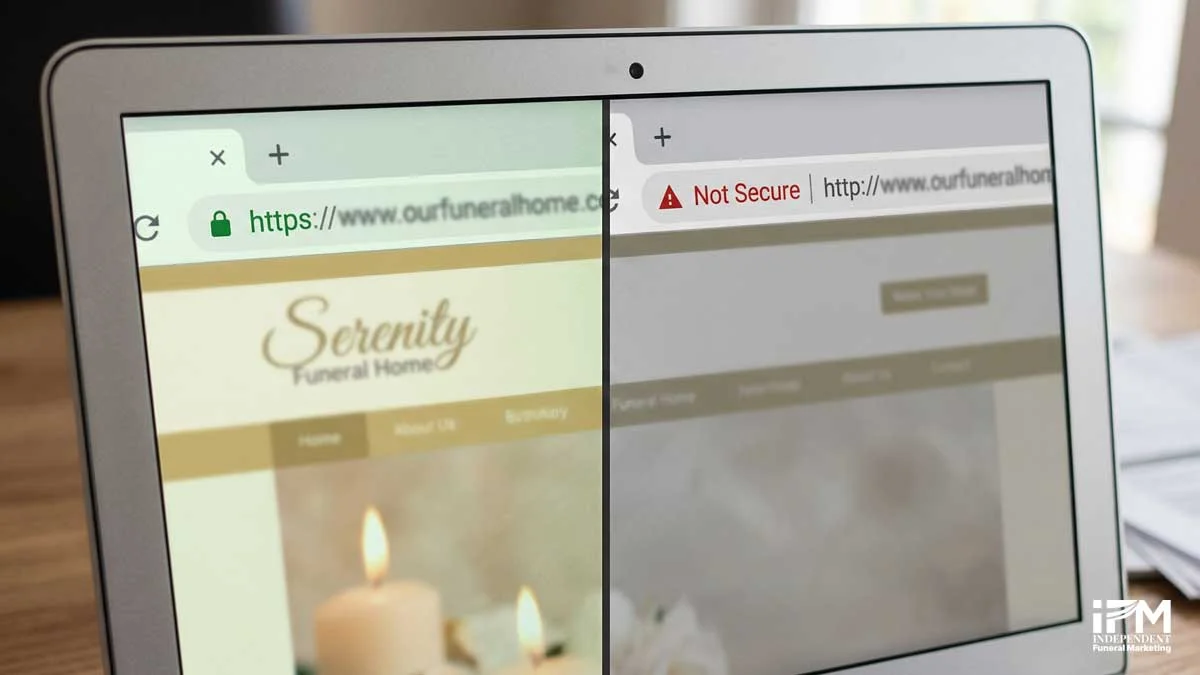 Browser address bar showing a padlock icon and HTTPS secure connection for a funeral home website compared to a Not Secure warning