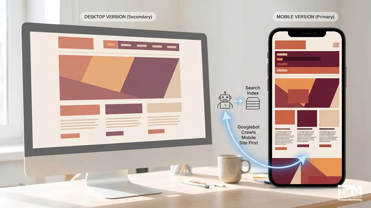 Smartphone and desktop monitor side by side showing the same funeral home website with Google evaluating the mobile version first