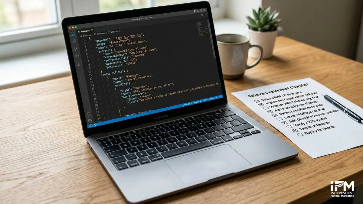 Schema markup structured data code for a funeral home website showing LocalBusiness and FAQPage JSON-LD in a code editor