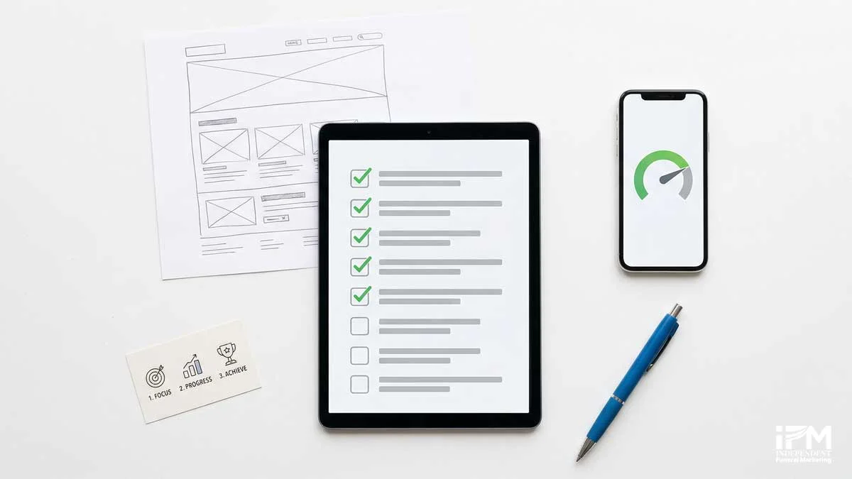 Technical SEO audit checklist for a funeral home website with free Google tools including Search Console and PageSpeed Insights on screen