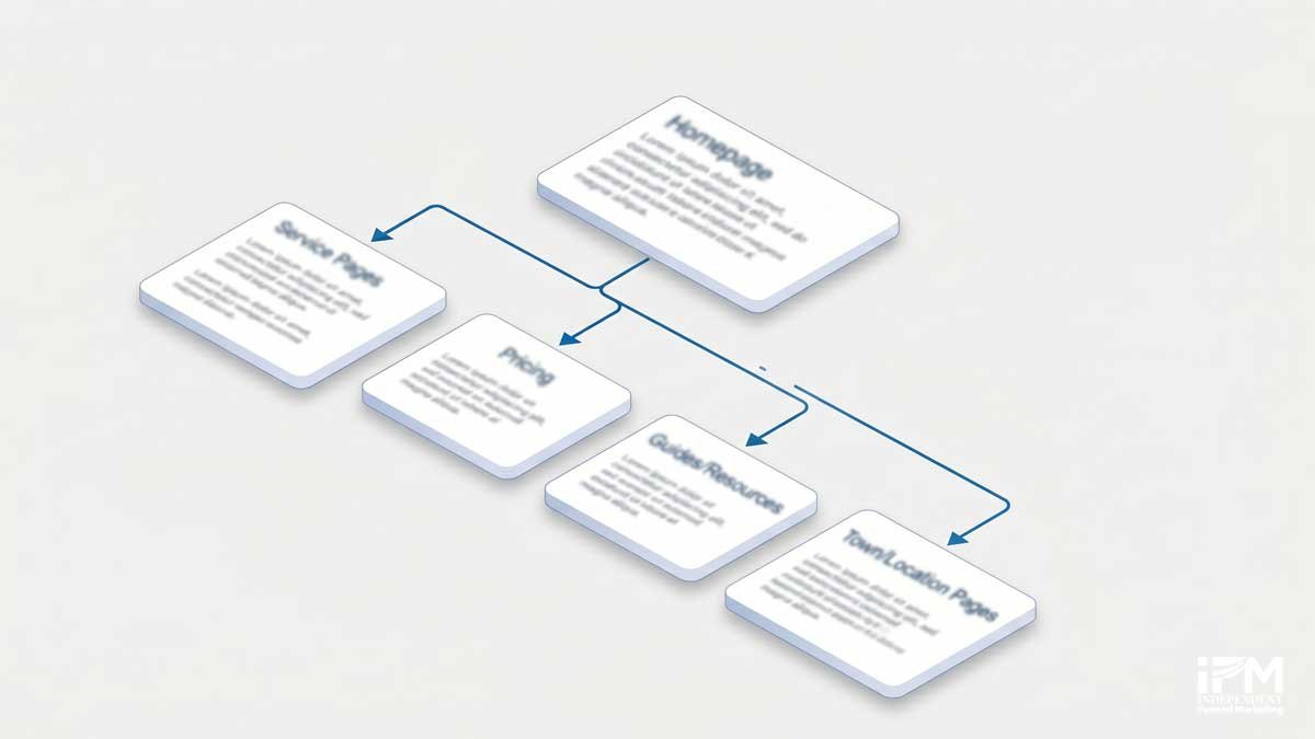Funeral home website keyword map diagram linking pages to primary keywords and site structure