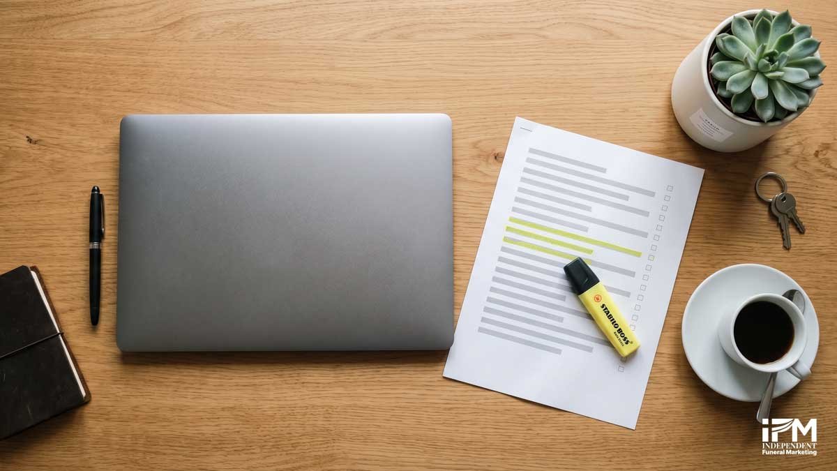 Funeral director desk with laptop and keyword research checklist representing SEO tools and planning workflow