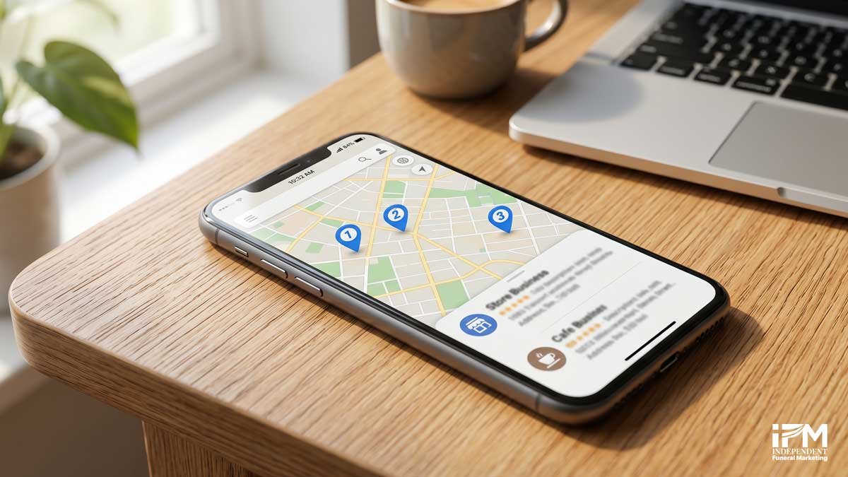 Smartphone local map with pins illustrating near me funeral director searches and local pack style results