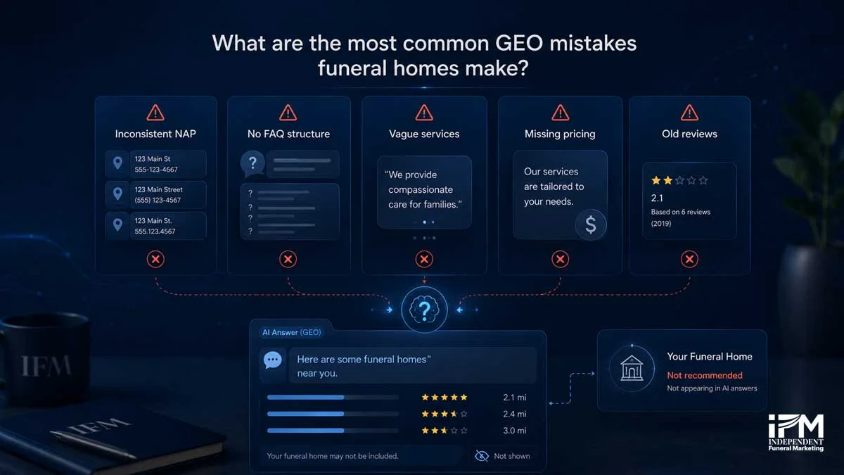 Common GEO mistakes for funeral homes graphic showing inconsistent NAP, no FAQ structure, vague services, missing pricing and old reviews.