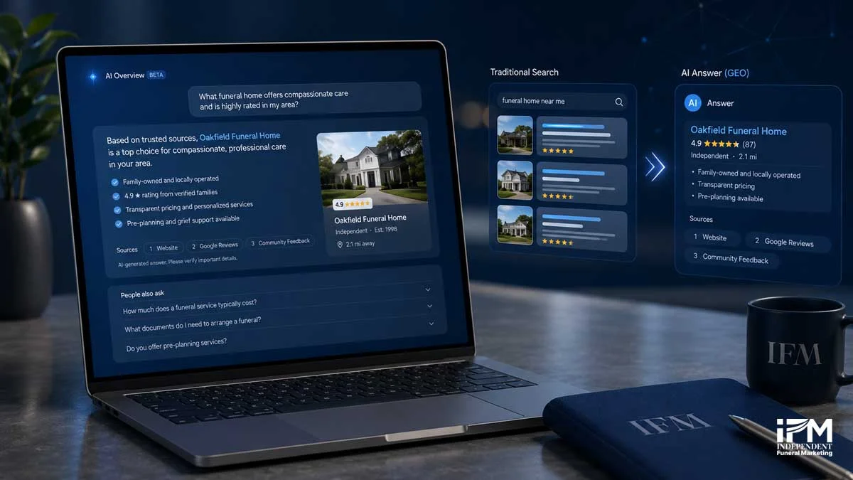 What is GEO for funeral homes graphic showing AI search turning traditional search results into direct funeral director recommendations.