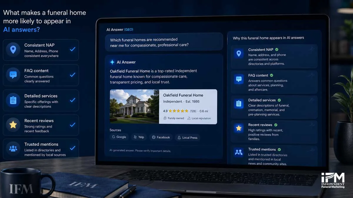 Funeral home AI answer visibility graphic showing consistent NAP, FAQ content, detailed services, recent reviews and trusted local mentions.