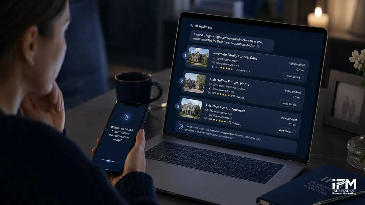 Person using AI search to find a trusted local funeral director, showing why GEO matters for funeral homes and family enquiries.