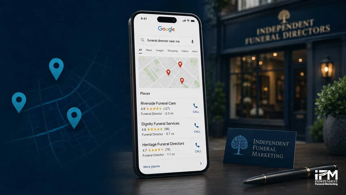 Smartphone showing a Google search for funeral director near me with the local three-pack, map results, reviews and call buttons visible.