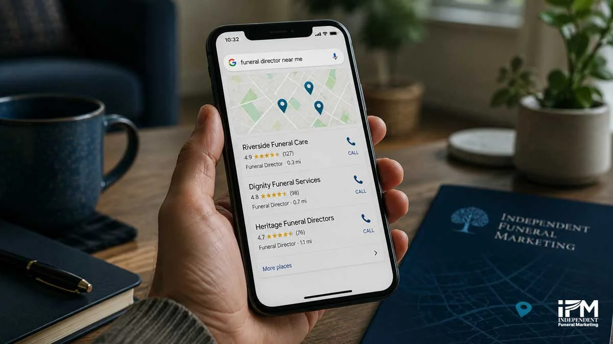 Person holding a phone showing an urgent funeral director near me search with local Map Pack results, reviews and call buttons.