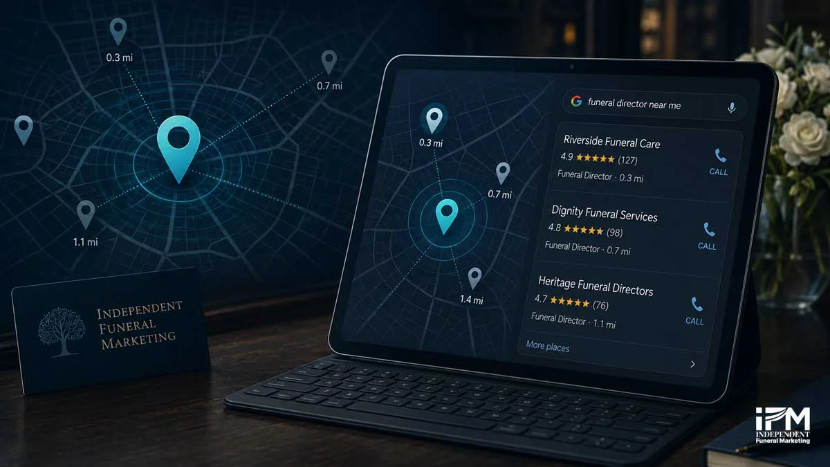 Local SEO map graphic showing funeral director proximity signals, distance markers and Google Map Pack rankings for nearby funeral homes.