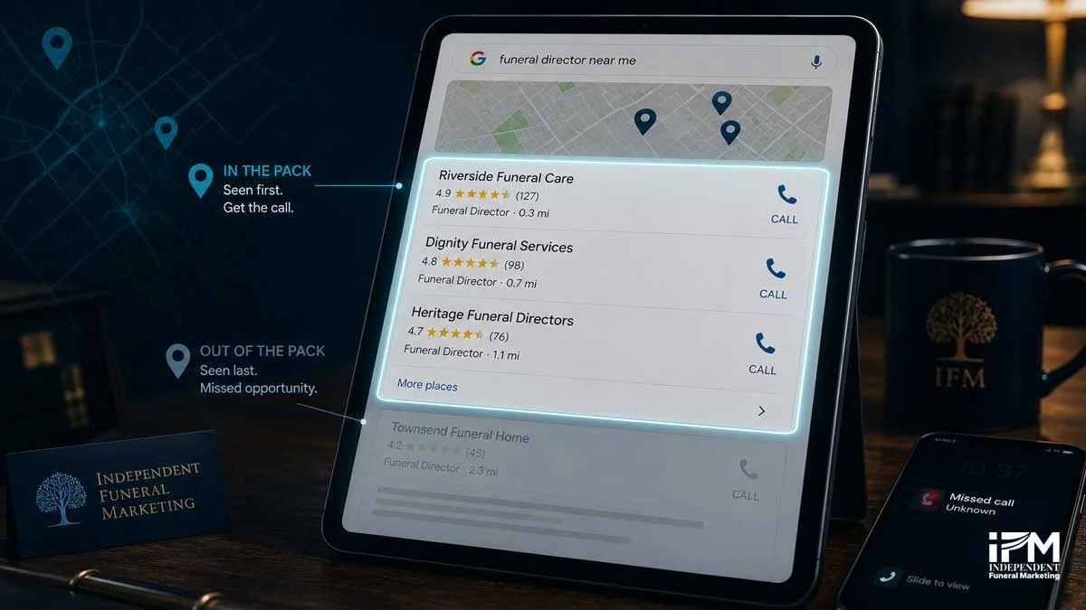 Google Map Pack style graphic showing three visible funeral directors in the local pack and one lower result outside the pack with missed call opportunity.