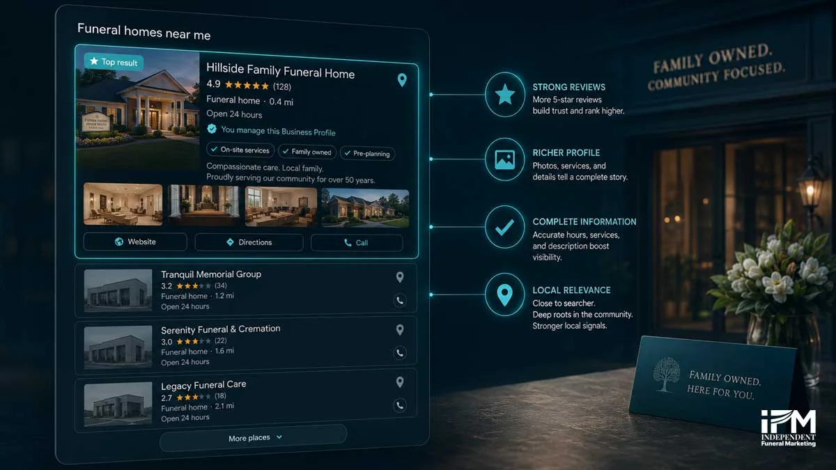 Local search comparison showing an independent funeral home with strong reviews, complete profile details and better visibility than competing firms.