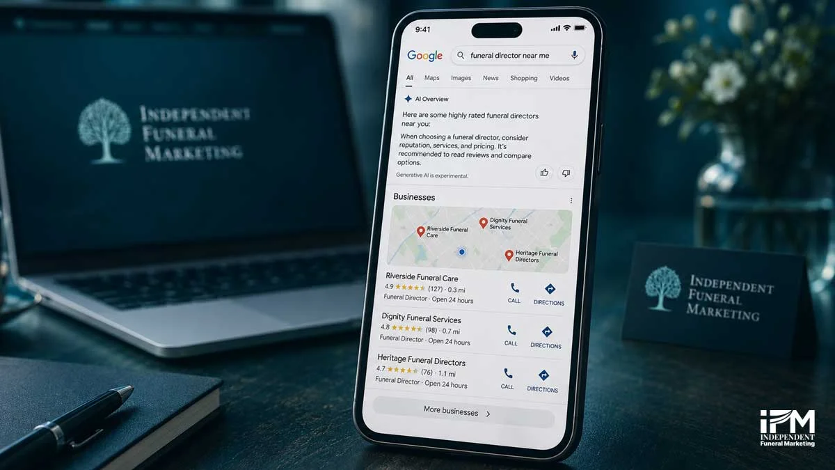 Smartphone showing a Google search for a funeral director with AI Overview, Local Pack listings, map results, reviews and click-to-call buttons.