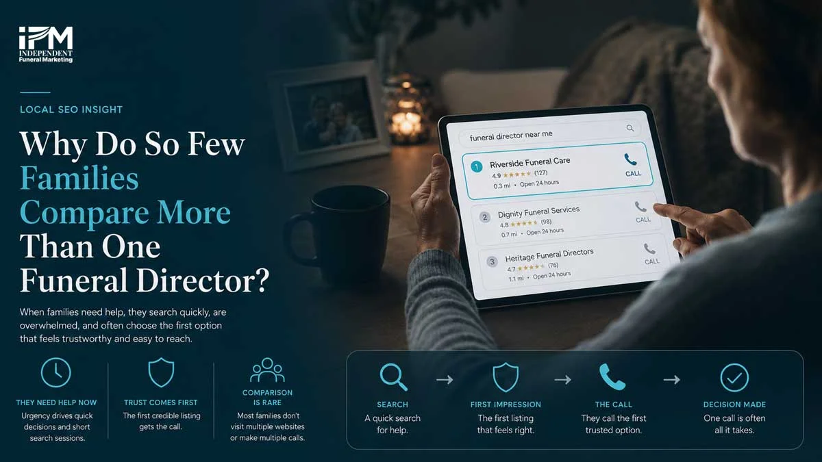 Person choosing the first trusted funeral director from local search results, showing how urgent need and simple trust signals reduce comparison.