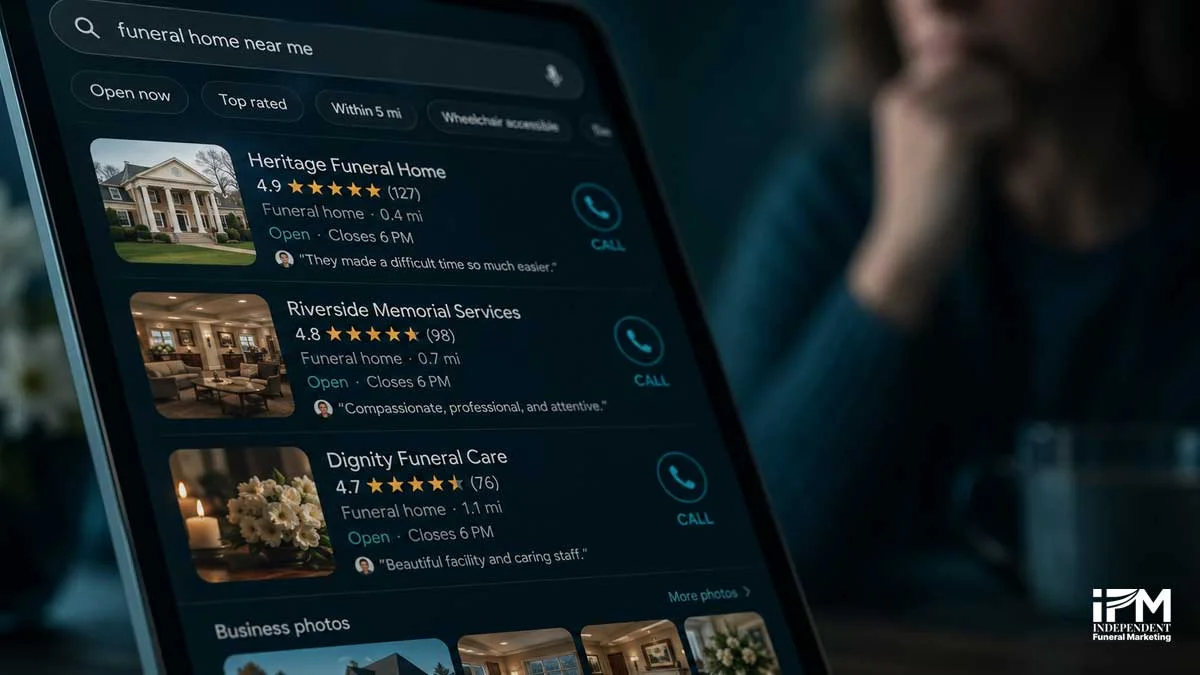 Close-up of local funeral home search results showing star ratings, reviews, photos and call buttons as quick trust signals for families.