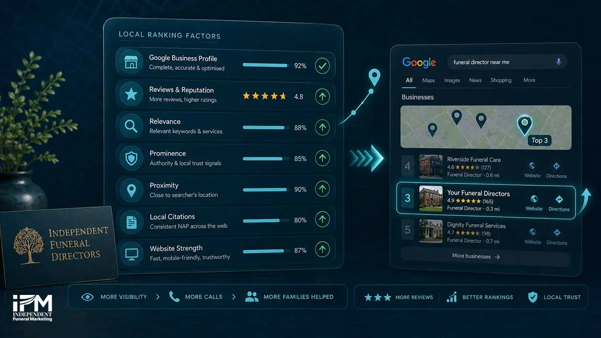 Local ranking factors dashboard showing Google Business Profile optimisation, reviews, relevance, prominence, and proximity moving a funeral director into the top three.