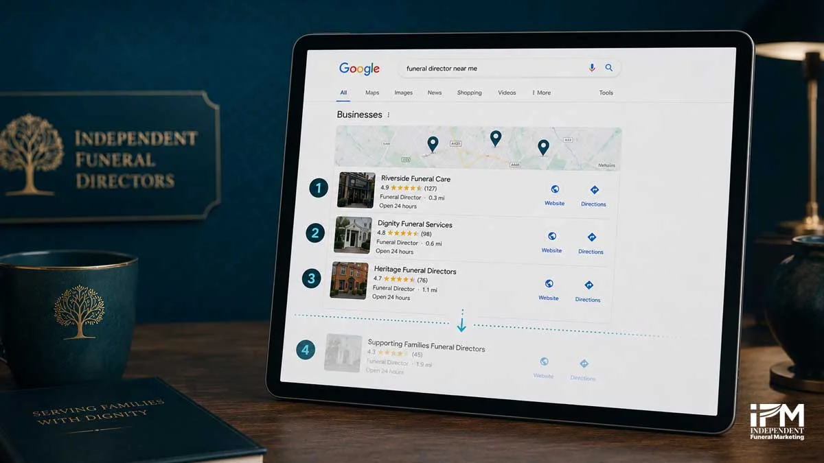 Google local pack showing three visible funeral director listings and a fourth result below the visible map results, explaining what fourth place means in search.