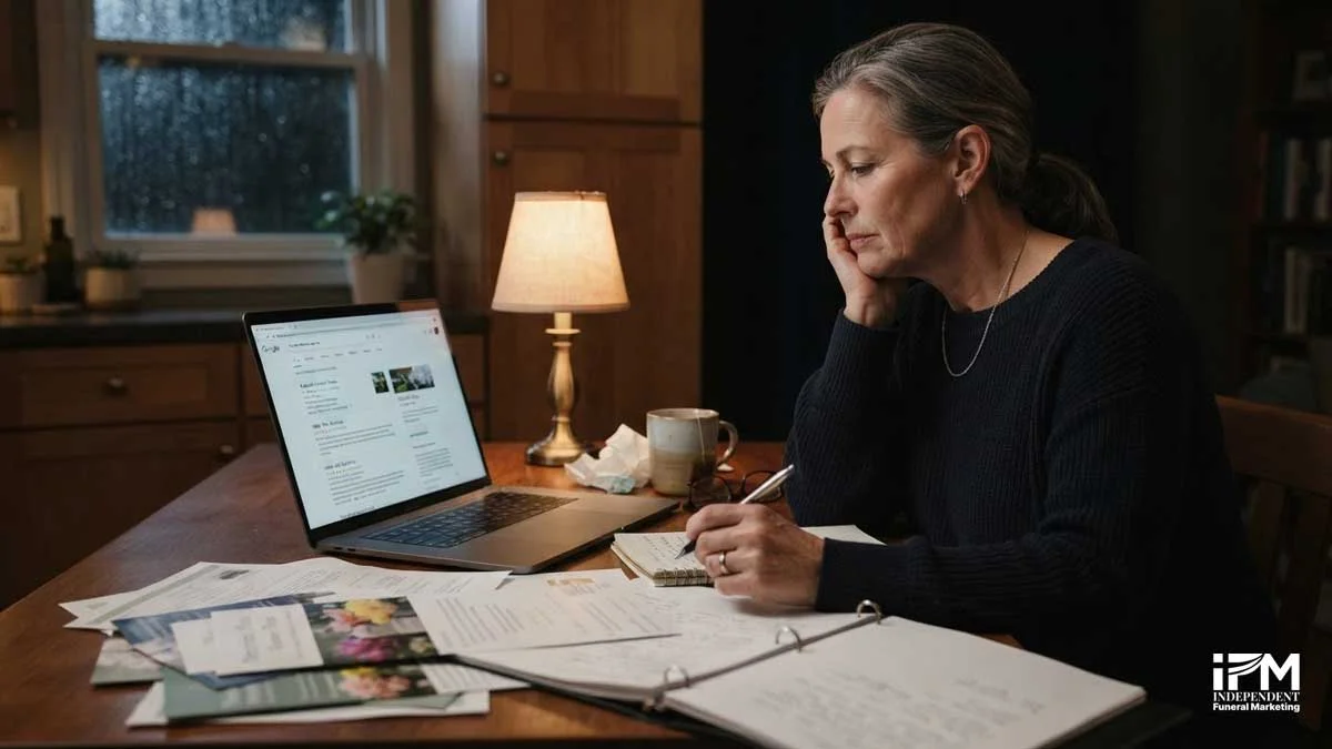 An adult child comparing funeral homes based on the volume and recency of their Google reviews before making contact