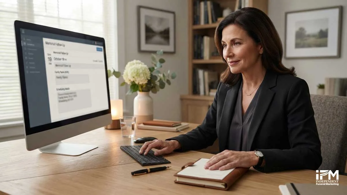 A funeral director managing a Google review follow-up workflow for families served over the previous weeks