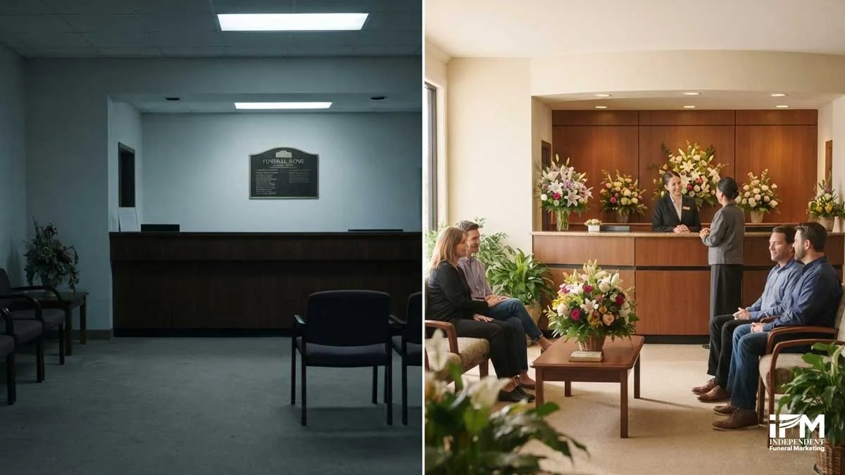 A before and after comparison of a funeral home Google Business Profile showing sparse older reviews against a steady stream of recent reviews