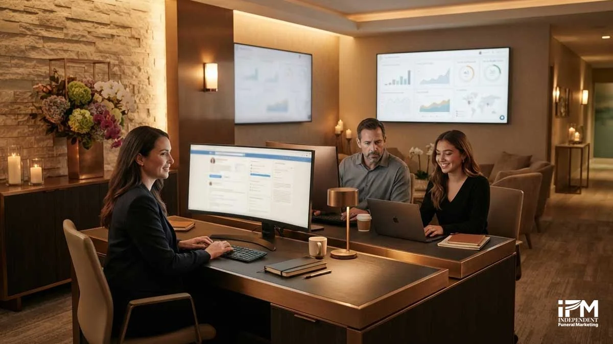 A funeral home professional managing online reputation through Google reviews on a laptop
