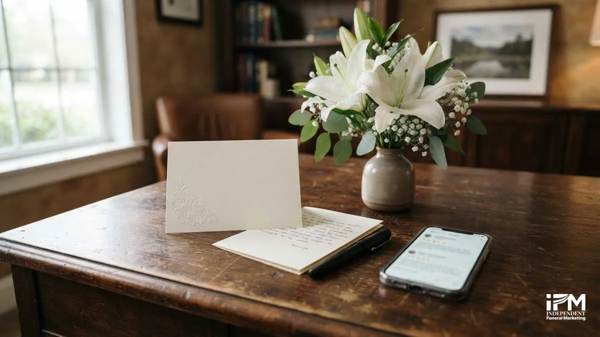 A compassionate funeral home follow-up note used to request a Google review during the aftercare period