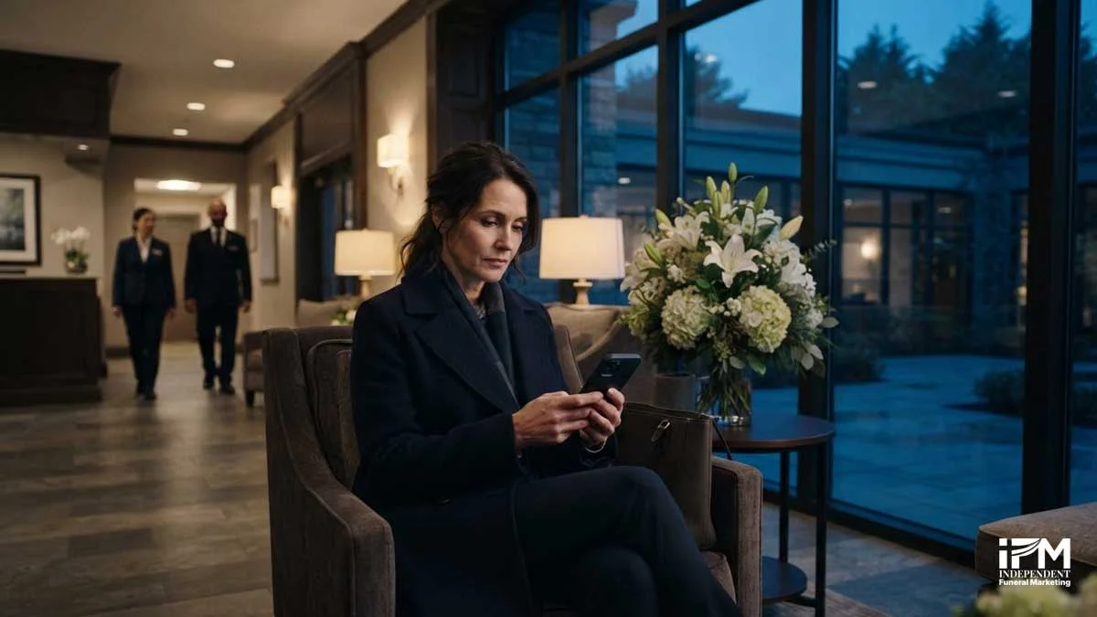 A family member researching Google reviews for funeral homes before making a call during end-of-life planning