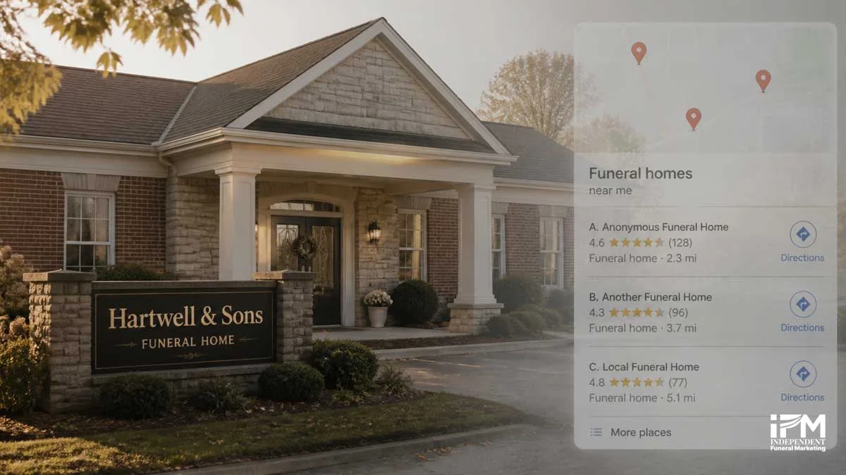 A quiet, dignified independent funeral home exterior at dawn, one of two funeral homes on the same street being compared on Google