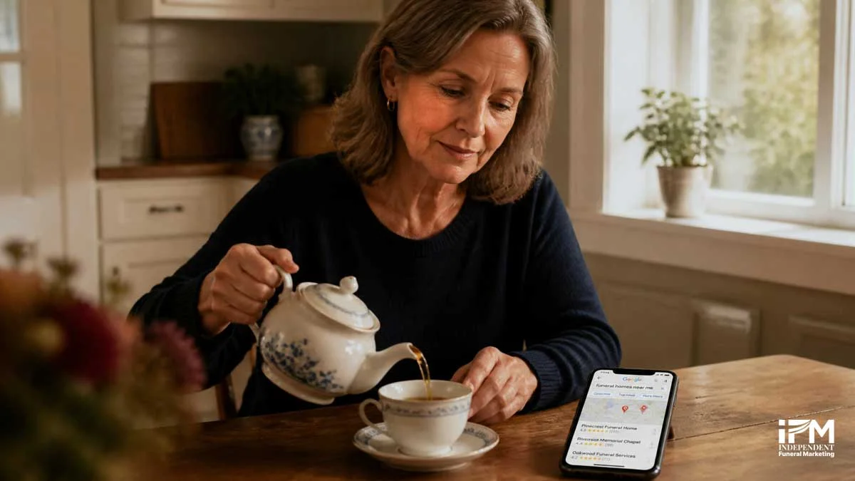 A bereaved family member comparing funeral homes on Google, reading review detail before making contact